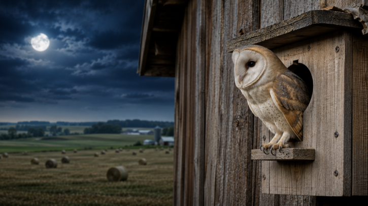 Illustration of a Barn Owl using a nest box for natural rodent pest control on a farm