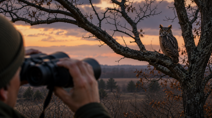 Illustration of binoculars used for low-light owl watching at dusk
