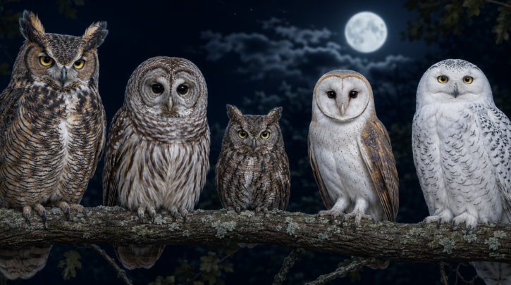 Illustration comparing Great Horned, Barred, Screech, Barn, and Snowy Owl