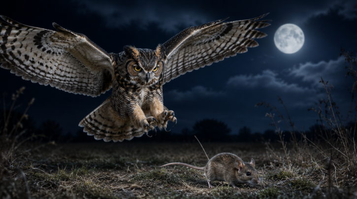 Illustration of a Great Horned Owl hunting at night