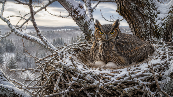 Illustration of a Great Horned Owl incubating eggs in the middle of winter