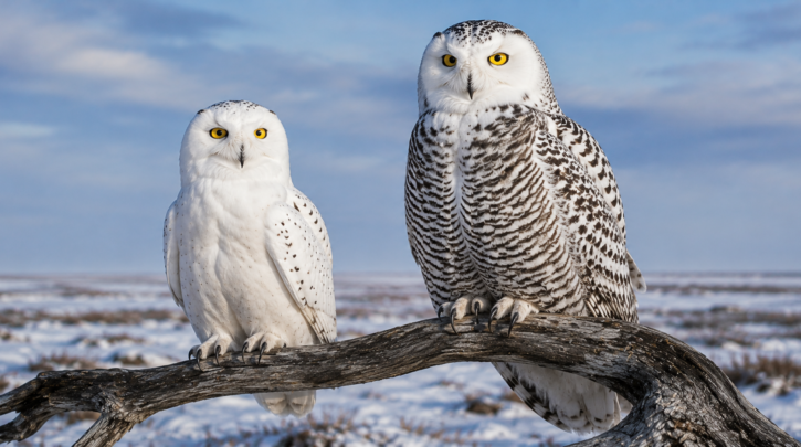 Illustration comparing the size and plumage difference between a male and female Snowy Owl