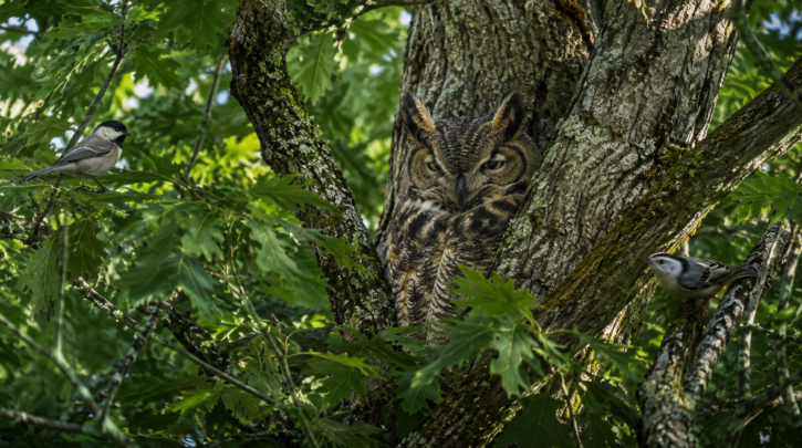 Illustration of an owl roosting in daytime camouflage