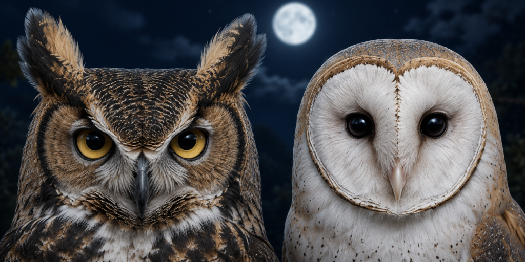 Illustration comparing owl ear tufts and facial disc shapes for identification