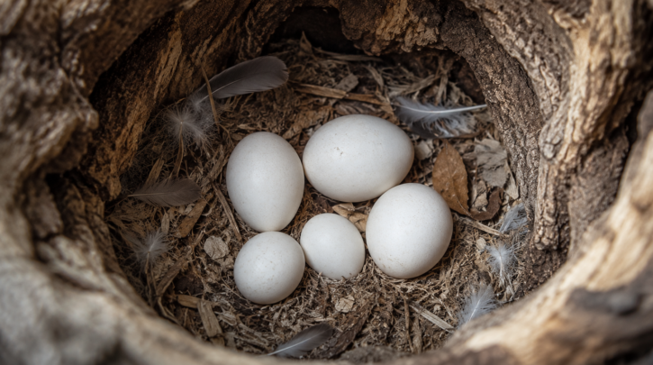 Illustration of plain white owl eggs showing staggered clutch sizes