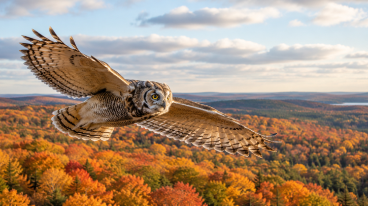 Illustration of a young owl dispersing to establish its own territory in fall