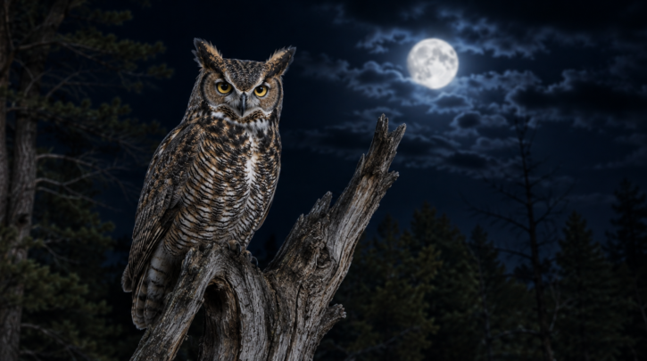 Illustration of an owl in its natural habitat, supported by retained trees rather than a feeder