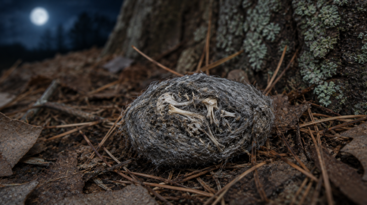 Illustration of a regurgitated owl pellet containing bone and fur remains