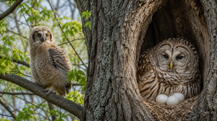 Illustration showing different owl species at different life-cycle stages in spring