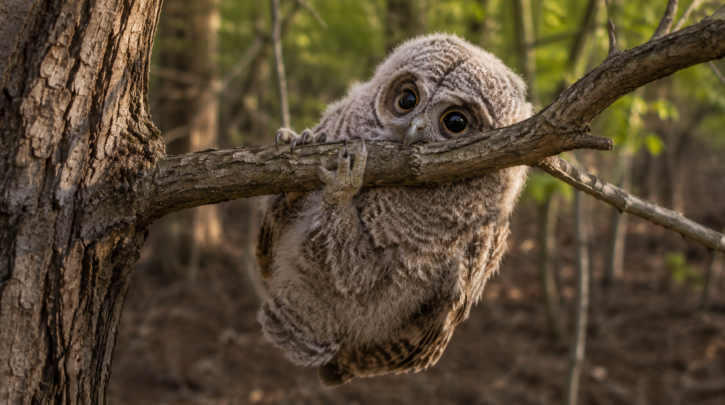 Illustration of an owlet in the branching stage before it can fly