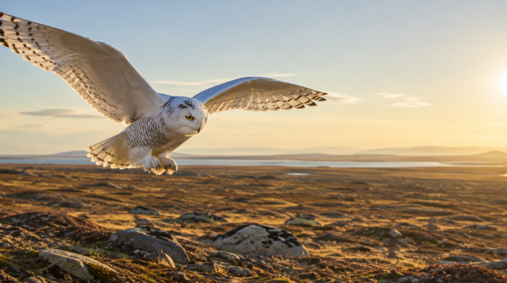 Illustration of a Snowy Owl hunting under continuous Arctic summer daylight